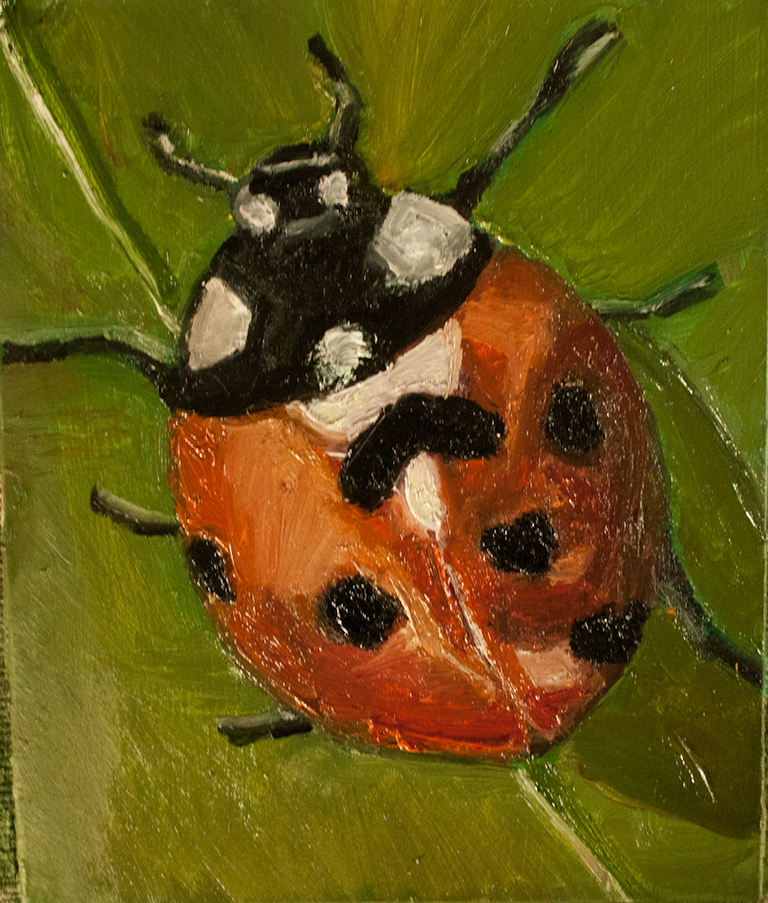Lady Bug Mini Plein Air Outdoor Painting, Red, Green, Black Art - Daily Paintings