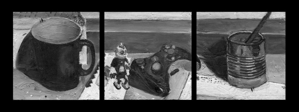 Impressionism Still Life Coffee Cup, Controller, Soup Tin, Black and White Oil Painting - Titled "Been Busy"