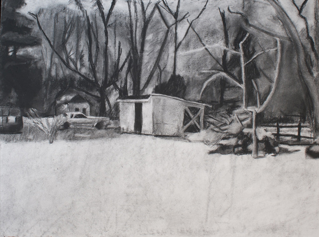 Snow Drawing Art Print Black and White - Winter Shed Landscape Series, Charcoal Medium 