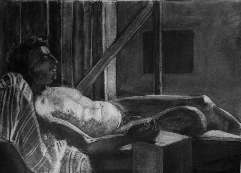 Relaxed Male Nude Figure Black and White Original Drawing