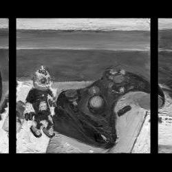 Impressionism Still Life Coffee Cup, Controller, Soup Tin, Black and White Oil Painting - Titled "Been Busy"