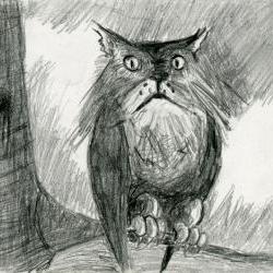 Owl Cat Pencil Drawing Black and White Print - Hybrid Animals Series Owlcat