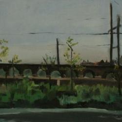 Impressionism - Bridge Landscape Oil Painting, Green, Blue
