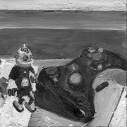 Xbox controller, Clank figurine, Video Game Still Life, Original Black and White Painting, Impressionism