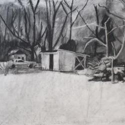 Snow Drawing Art Print Black and White - Winter Shed Landscape Series, Charcoal Medium  
