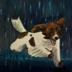 Happy Puppy Dog in Thunderstorm, Summer Rain - Original Painting Illustration